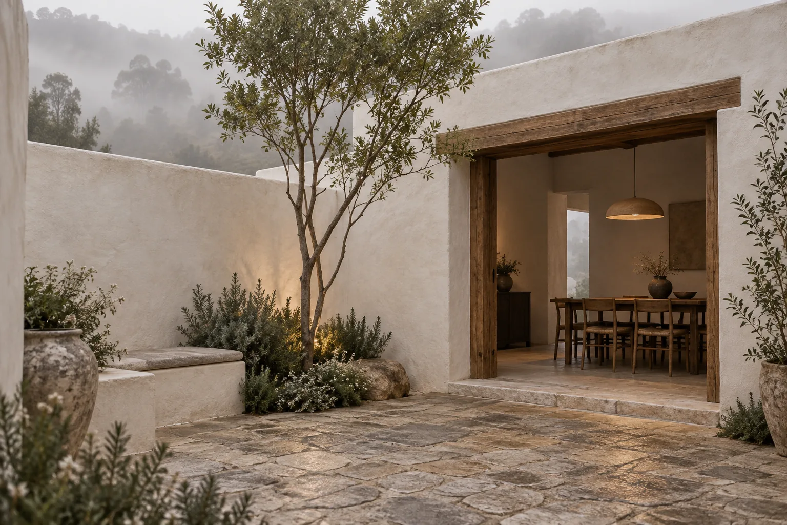 Patio íntimo con acabados cálidos y luz suave.