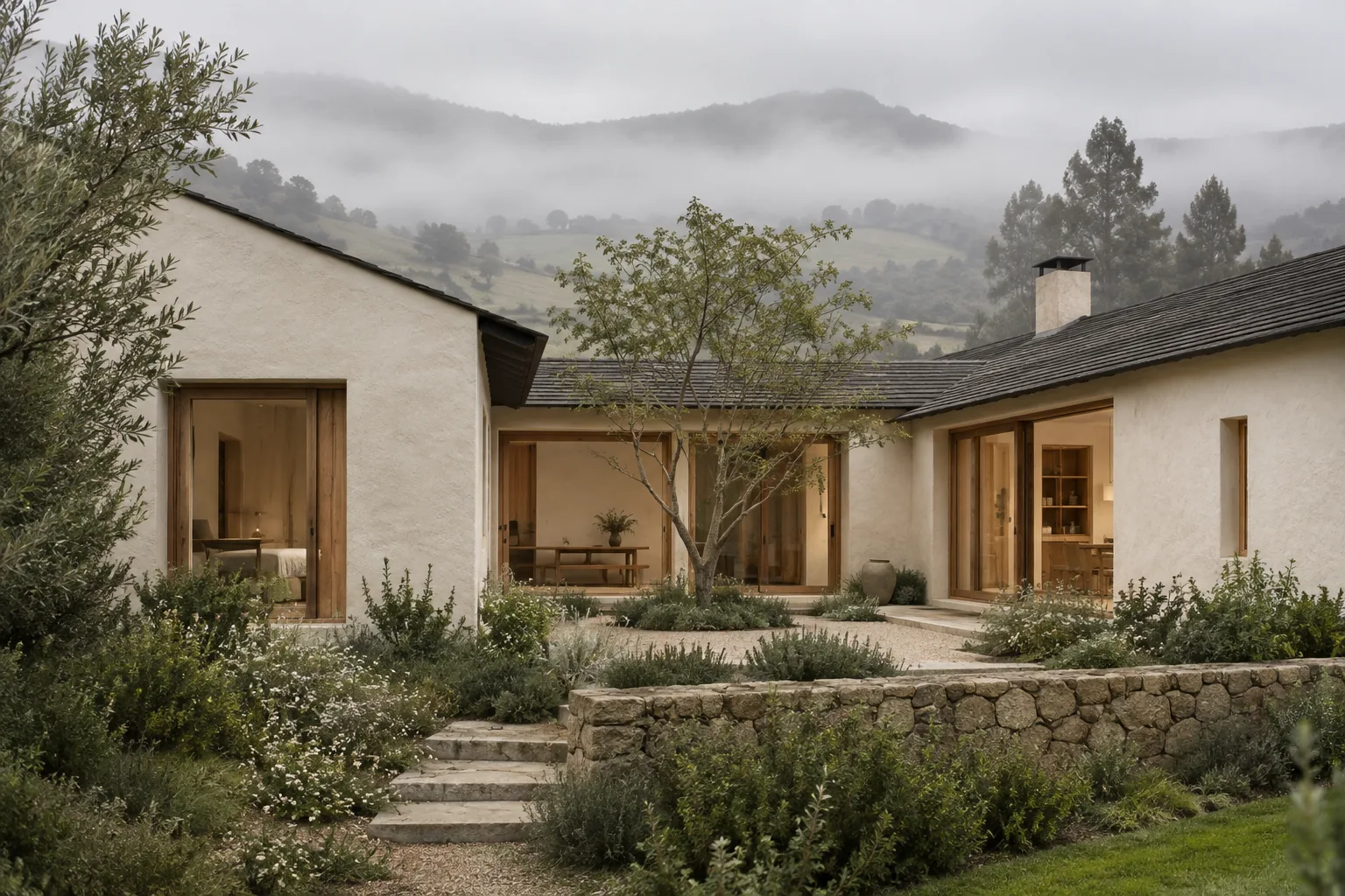 Casa Bruma en un paisaje de niebla y jardín.