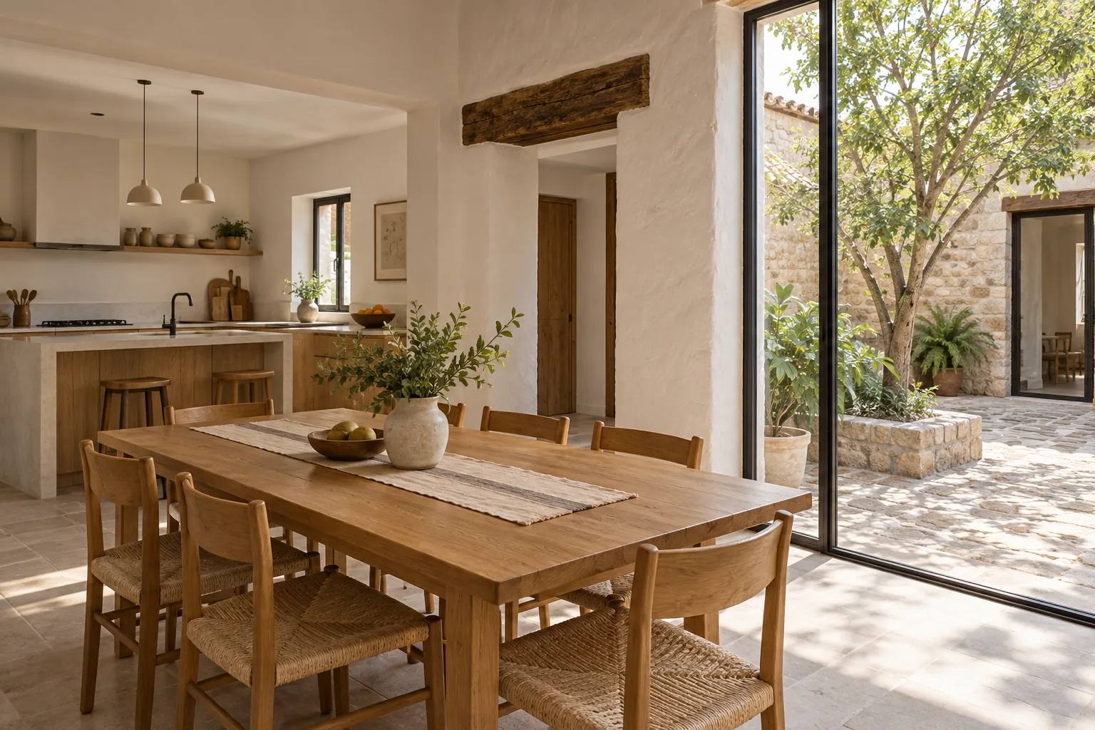 Cocina y comedor remodelados abiertos al patio.
