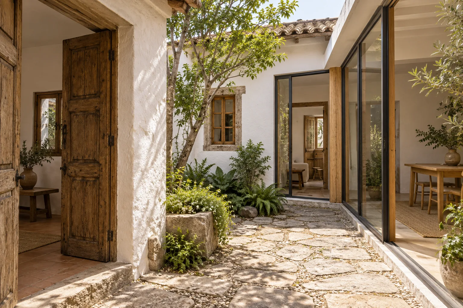 Fachada restaurada de Patio de Lino con carpintería nueva.